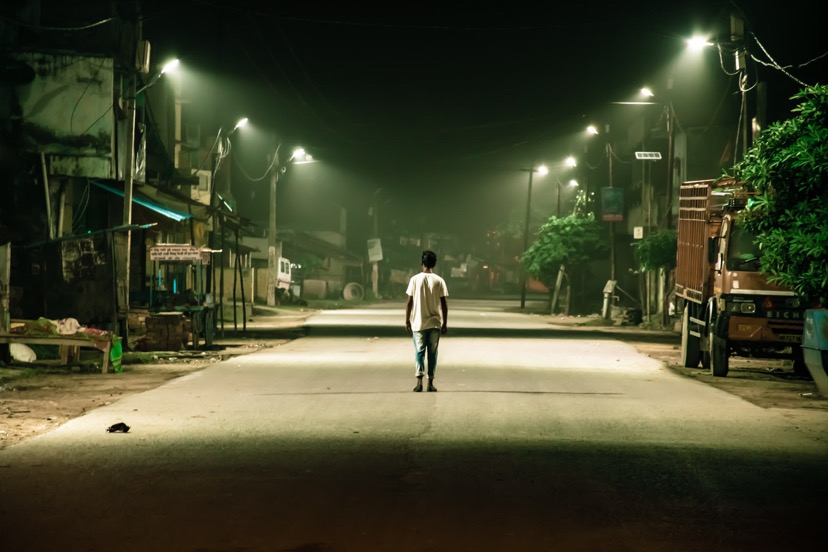 A boy walking on a lonely street.