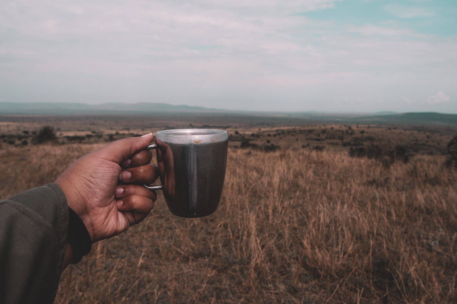 Hand holding a cup of coffee with a safari view